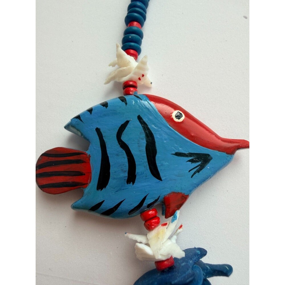 Vintage Hand Carved Wood Tropical Fish Shell Statement Necklace Blue Ocean Boho - Picture 8 of 8